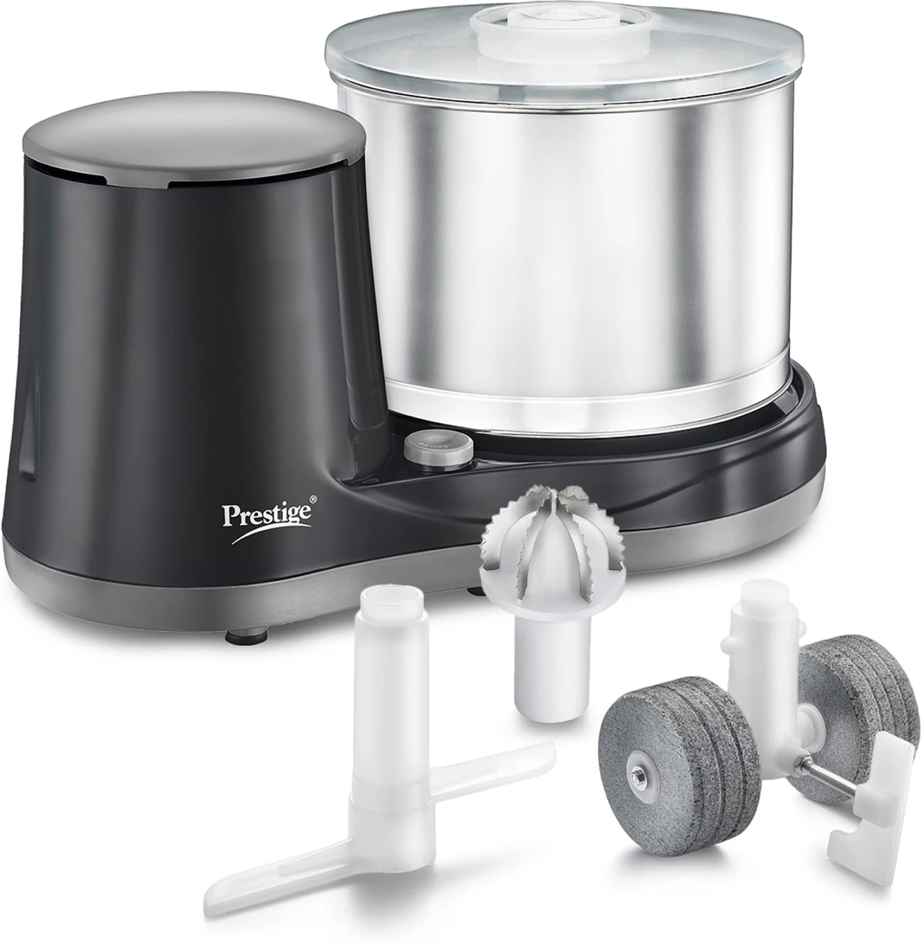 Prestige Ultima Pro Wet Grinder 200 Watts Heavy Duty Motor Coconut Scraper Attachment Atta Kneader Attachment Stainless Steel Drum 2 Years Warranty  (Black, Grey)
